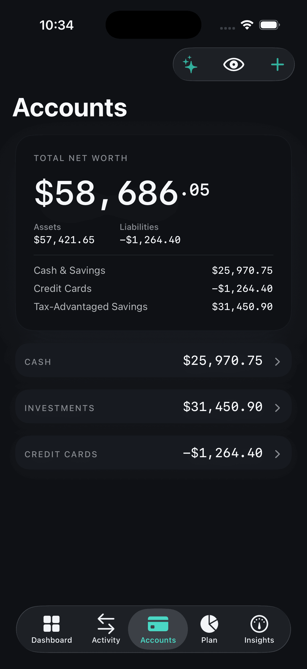 Norrith Accounts screen with total net worth $58,686.05, up 17.1% all-time