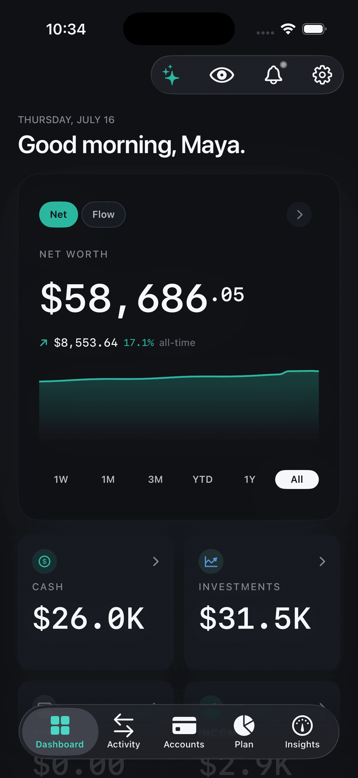 Norrith dashboard greeting 'Good morning, Maya.' with net worth $58,686.05, up $8,553.64 (17.1%) all-time