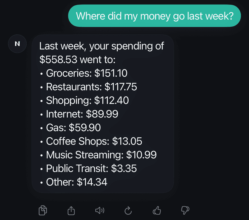 Ask Norrith chat: 'Where did my money go last week?' Answer: 'Last week, your spending of $558.53 went to Groceries $151.10, Restaurants $117.75, Shopping $112.40, Internet $89.99, Gas $59.90, and more.'